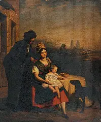 Henry Penry Williams, Untitled - Young Couple with Infant and Dog, 1852, oil on artist paper board
