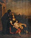 Henry Penry Williams, Untitled - Young Couple with Infant and Dog, 1852, oil on artist paper board