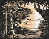 Leonard Hutchinson, Sunlit Lake #21/50, two colour wood block on paper