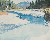 Spray River and Goat Mountain #85/130 by Margaret Shelton, 1943, lino block in six colours on paper, sold Dec 2002