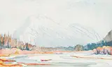 Mount Rundle in March #107/200 by Margaret Shelton, 1978, lino block in eight colours on paper, sold Dec 2002