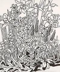 Mary E. Wrinch, Untitled - Flower Garden, relief print on paper