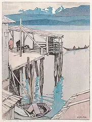 Walter J. Phillips, Jim King's Wharf, Alert Bay, BC, 1927, colour wood block on paper