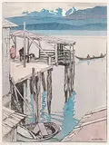 Walter J. Phillips, Jim King's Wharf, Alert Bay, BC, 1927, colour wood block on paper