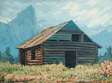 Building at Meadow Creek by Margaret Shelton, 1979, oil on canvas board, sold Apr 2002