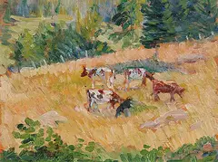 Fielding Downes, Untitled - Cows in the Meadow, oil on wood board
