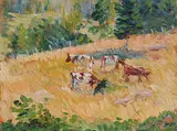 Fielding Downes, Untitled - Cows in the Meadow, oil on wood board
