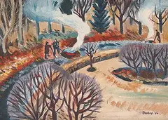 John Allison Forbes, Burning Leaves, Fall Cleanup at the U of Alberta, 1950, oil on canvas board