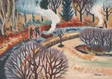 John Allison Forbes, Burning Leaves, Fall Cleanup at the U of Alberta, 1950, oil on canvas board
