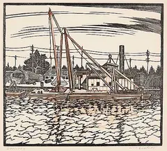Derricks by William Frederick George Godfrey, colour wood block on paper, sold Apr 2002