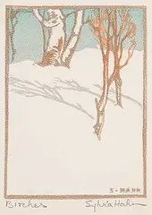 Sylvia Hahn, Birches, colour wood block on paper
