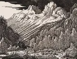 Margaret Shelton, Mount Edith from the Road, 1942, lino block on paper