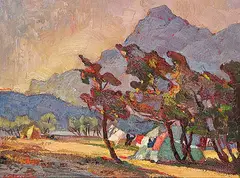 Ernest Edward Riethman, Camping at Waterton Lakes, oil on paper board
