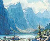 Moraine Lake - Valley of the Ten Peaks by Margaret Shelton, 1972, oil on hard board, sold Nov 2001