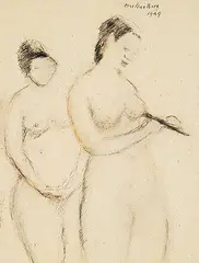 Rose Wiselberg, Untitled - Two Standing Nudes, 1949, mixed media on paper