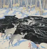 A.C. and Barbara Leighton - Barleigh, Deer, Kananaskis #26/100, colour wood block on paper