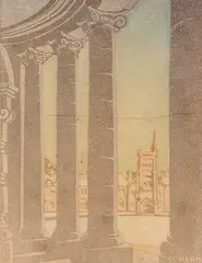 Sylvia Hahn, Untitled - The Colonnade, colour lino block on paper