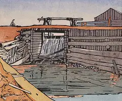 Sleuce on the Beaver #4/100 by Llewellyn Petley-Jones, 1931, colour wood block on paper, sold Nov 2001