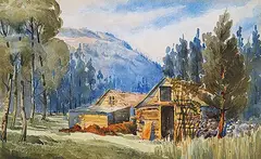 John Sugden Tempest, Untitled - Cabin in the Mountains, watercolour on paper