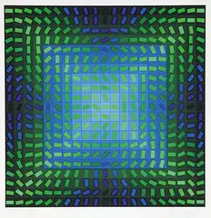 Victor Vasarely, Untitled - Blue and Green Abstract #45/100, relief print on paper