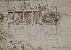 E. J. Hughes, Imperial Oil Wharf Skidegate, Q.C. Island, 1953, graphite on paper
