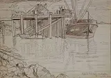 E. J. Hughes, Imperial Oil Wharf Skidegate, Q.C. Island, 1953, graphite on paper