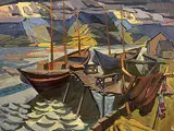 Donald Frederick Price Neddeau, Untitled - Fishing Boats, Gaspe, 1956, oil on particle board