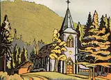 Margaret Shelton, Saint Georges, Banff #91/100, 1944, lino block in six colours on paper