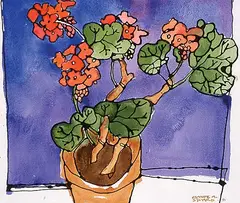 Claude A. Simard, Geranium Sur Fond Bleu, 1996, watercolour on paper