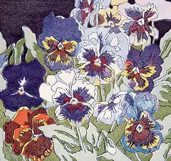 Mary E. Wrinch, Inquisitive Pansies, 1935, colour wood block on paper
