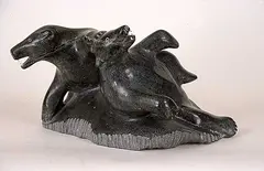 Joseph Kitekudlak, Two Bears Fighting, grey soapstone sculpture