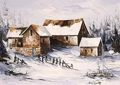 Don Scott, Untitled - Winter Barns, Nova Scotia, oil on particle board
