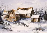 Don Scott, Untitled - Winter Barns, Nova Scotia, oil on particle board