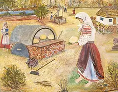 Ukrainian Lady Baking Bread by Ann Alexandra Harbuz, 1980, acrylic on fabric over particle board, sold Jan 2001
