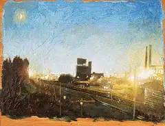 Brian Mark Kipping, Trainyards at Night, 1980, oil on plywood