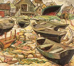 Doris Jean McCarthy, Untitled - Boats on the Beach, oil on canvas