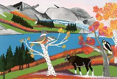 Joe Norris, Moose With Woodpeckers, oil on plywood