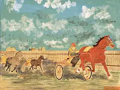 Angus Trudeau, Sulky Racing, mixed media on paper board