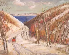 James Henderson, Untitled - Qu'Appelle Winter and the Red Sleigh, oil on hard board