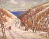 James Henderson, Untitled - Qu'Appelle Winter and the Red Sleigh, oil on hard board