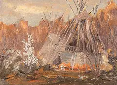 Edmund Morris, Untitled - Encampment, oil on canvas board