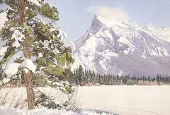 Walter J. Phillips, Untitled - Mount Rundle from Vermilion Lake in Winter, 1950, watercolour on paper