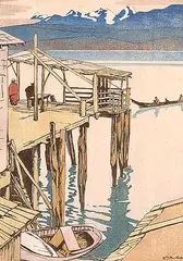 Walter J. Phillips, Jim King's Wharf #74/100, 1927, colour wood block on paper