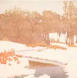 Walter J. Phillips, The Stream in Winter, 1935, colour wood block on paper