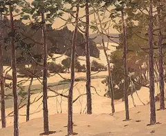 George Thomson, Young Pines -Overlooking the River, oil on paper board