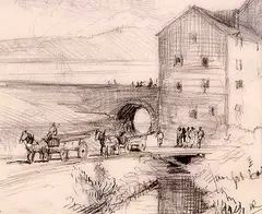 Herbert Raine, Untitled - View of a Horse Drawn Wagons beside a Canal, graphite on paper
