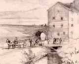 Herbert Raine, Untitled - View of a Horse Drawn Wagons beside a Canal, graphite on paper