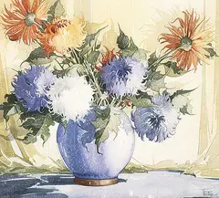 William Garnet Hazard, Mums and Chinese Vase, 1945, watercolour on paper
