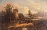 George Vincent, Untitled - Windmill with figures on road, oil on canvas