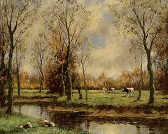 Untitled - Cattle by a River by Willem Hendriks, oil on canvas, sold May 2000